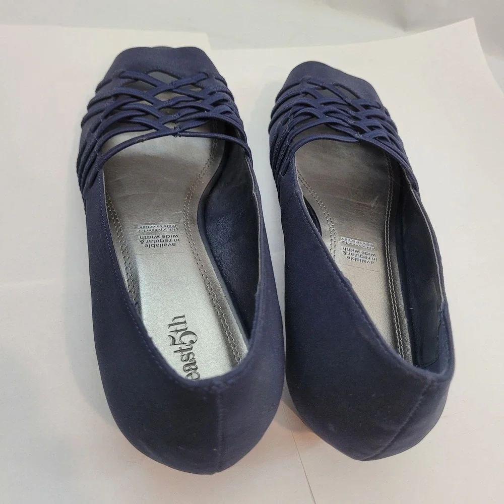 East‎ 5th Grace Wedge 024-2842 Navy Blue Strappy Peep Toe Low Heel Sandals 9.5M